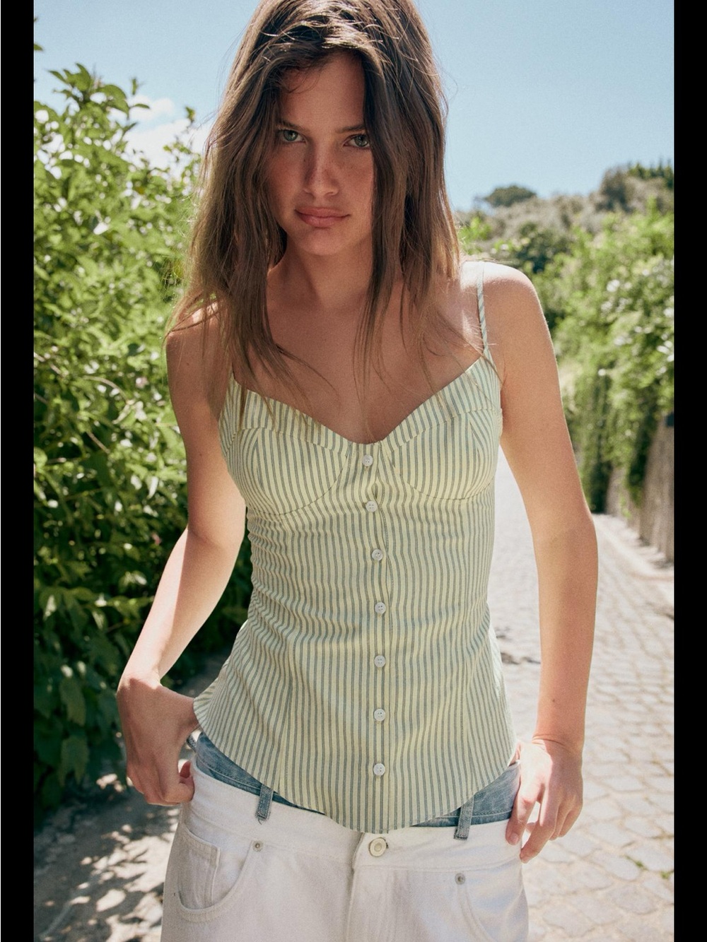 Zara Green Striped Button-Front Camisoley